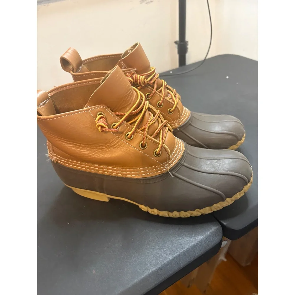 LL Bean 6 Inch Bean Boots Tan Brown Leather Rubber Duck Boots Made in Maine7m/9w